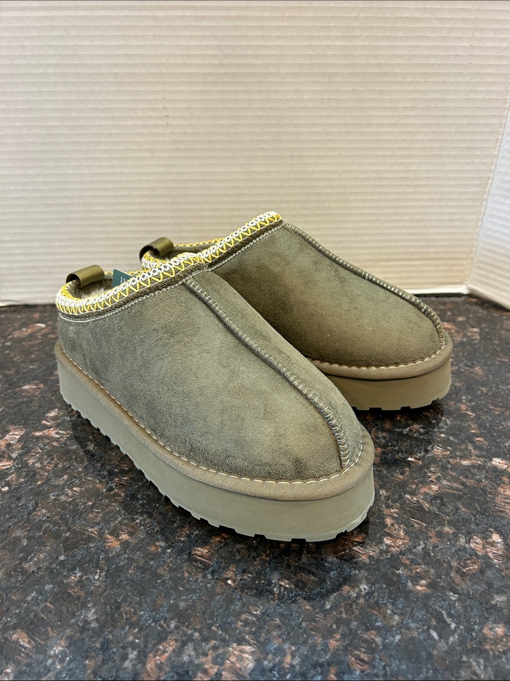 New Home Slipper Olive Green Suede Slip-On Clog with Yellow Trim